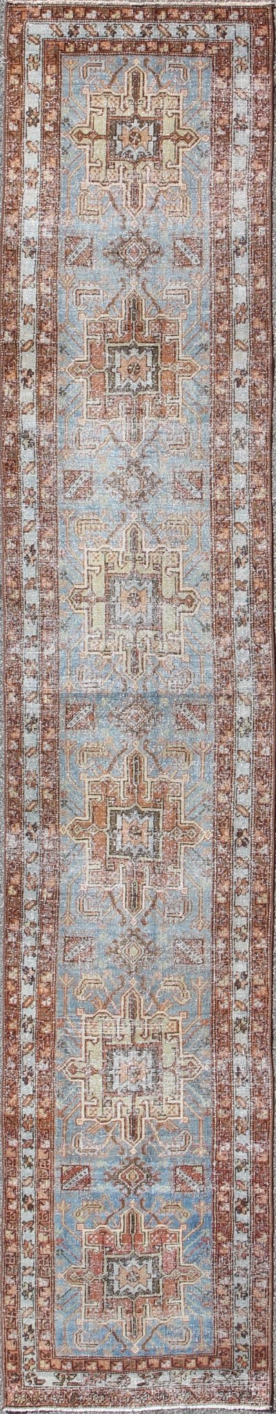 Tribal Medallion Design Heriz Persian Antique Runner in Light Blue and Maroon kwarugs Tribal Medallion Design Heriz Persian Antique Runner in Light Blue and Maroon, rug sus - 4701, country of origin / type: Iran / Heriz Serapi, circa 1910 T... - Keivan Woven ArtsSUS - 4701 - 9128Rug
