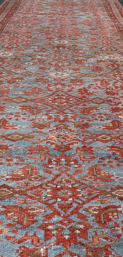 Persian Malayer Runner with Sub - Geometric Design in Blue, Red and Taupe This magnificent antique Persian Malayer carpet, of an impressive size, bears a beautiful, all - over sub - geometric design paired with a delightful palette of various shades o... - Keivan Woven ArtsSUS - 76 - 8401Rug