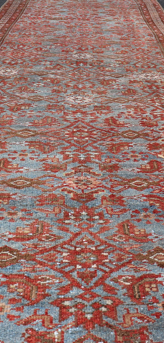 Persian Malayer Runner with Sub - Geometric Design in Blue, Red and Taupe This magnificent antique Persian Malayer carpet, of an impressive size, bears a beautiful, all - over sub - geometric design paired with a delightful palette of various shades o... - Keivan Woven ArtsSUS - 76 - 8401Rug