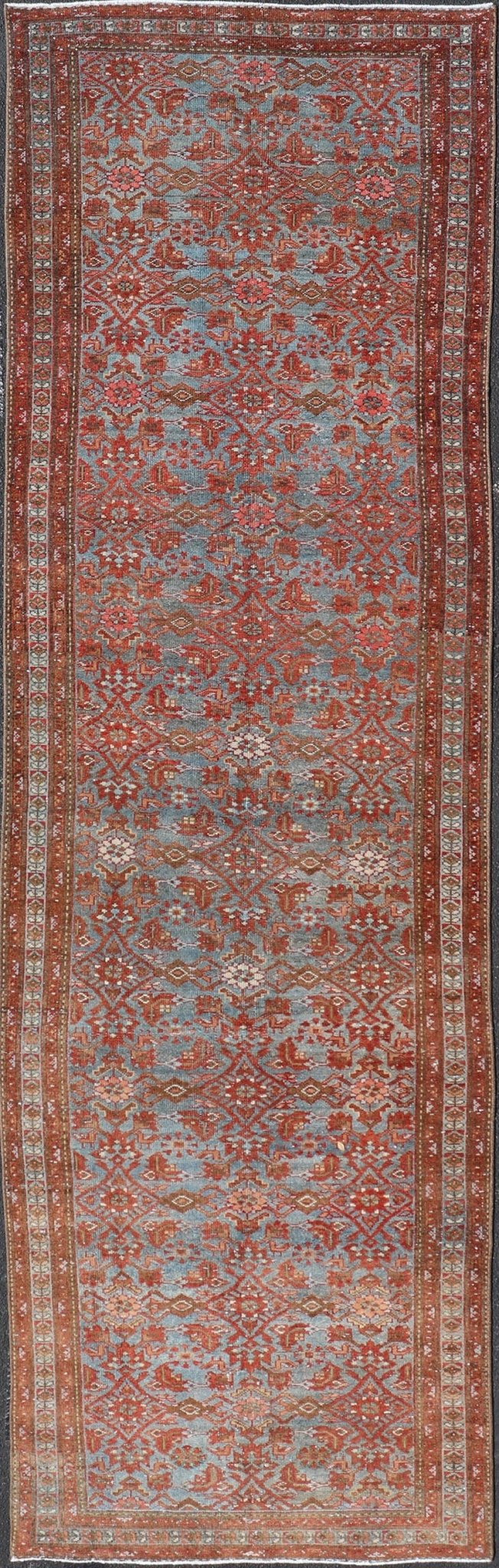 Persian Malayer Runner with Sub - Geometric Design in Blue, Red and Taupe This magnificent antique Persian Malayer carpet, of an impressive size, bears a beautiful, all - over sub - geometric design paired with a delightful palette of various shades o... - Keivan Woven ArtsSUS - 76 - 8401Rug