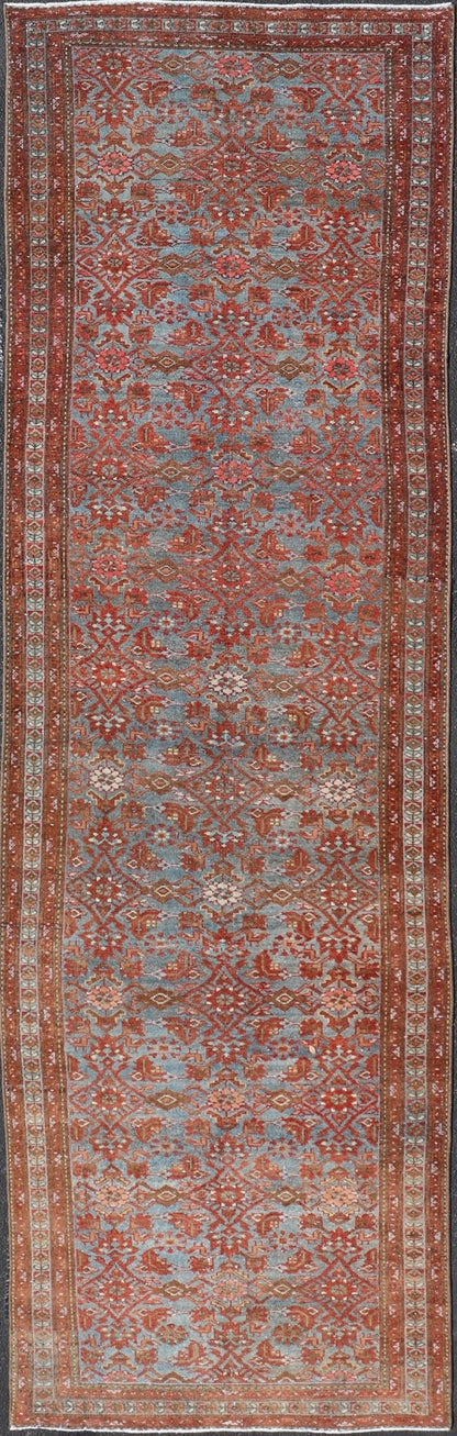 Persian Malayer Runner with Sub - Geometric Design in Blue, Red and Taupe This magnificent antique Persian Malayer carpet, of an impressive size, bears a beautiful, all - over sub - geometric design paired with a delightful palette of various shades o... - Keivan Woven ArtsSUS - 76 - 8401Rug