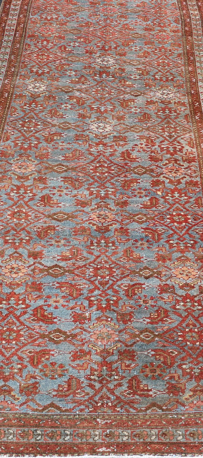 Persian Malayer Runner with Sub - Geometric Design in Blue, Red and Taupe This magnificent antique Persian Malayer carpet, of an impressive size, bears a beautiful, all - over sub - geometric design paired with a delightful palette of various shades o... - Keivan Woven ArtsSUS - 76 - 8401Rug