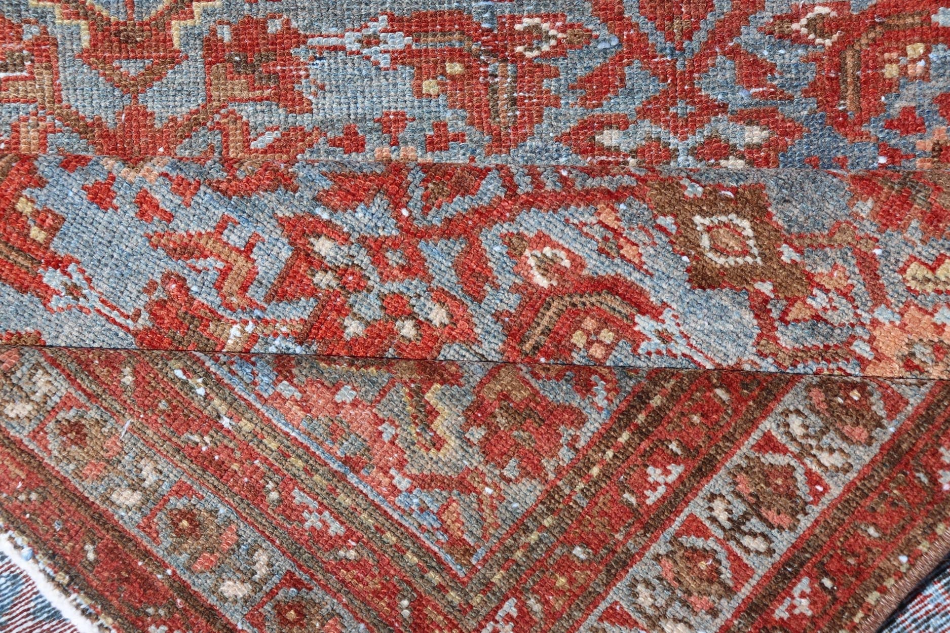 Persian Malayer Runner with Sub - Geometric Design in Blue, Red and Taupe This magnificent antique Persian Malayer carpet, of an impressive size, bears a beautiful, all - over sub - geometric design paired with a delightful palette of various shades o... - Keivan Woven ArtsSUS - 76 - 8401Rug