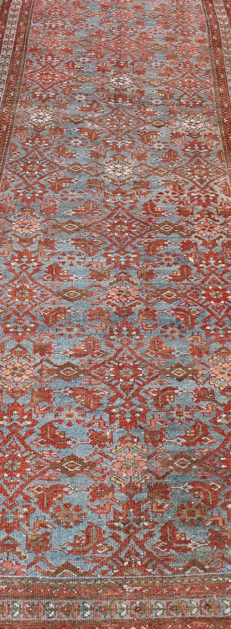 Persian Malayer Runner with Sub - Geometric Design in Blue, Red and Taupe This magnificent antique Persian Malayer carpet, of an impressive size, bears a beautiful, all - over sub - geometric design paired with a delightful palette of various shades o... - Keivan Woven ArtsSUS - 76 - 8401Rug