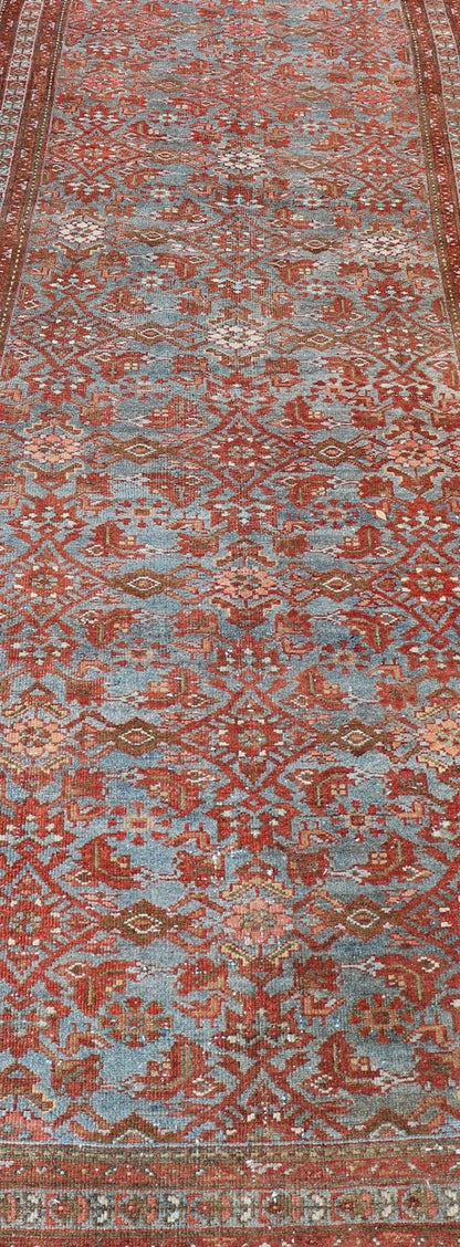 Persian Malayer Runner with Sub - Geometric Design in Blue, Red and Taupe This magnificent antique Persian Malayer carpet, of an impressive size, bears a beautiful, all - over sub - geometric design paired with a delightful palette of various shades o... - Keivan Woven ArtsSUS - 76 - 8401Rug
