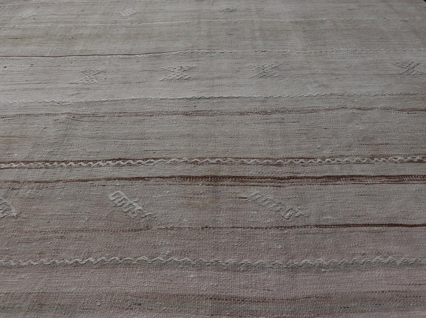 Vintage Turkish Kilim Rug with Subtle Beige Stripes and Intricate Embellishments