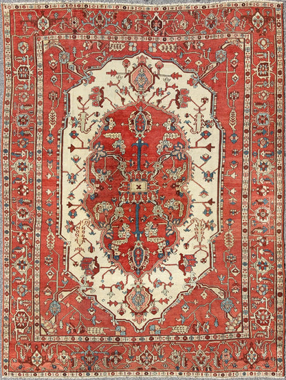 Antique Persian 19th Century Serapi Rug with Central Medallion Design in Cream Soft Red. Antique Persian Serapi Rug from 19th century, Keivan Woven Arts / rug /TRA - 0781, country of origin / type: Iran / Serapi , circa 1890. Measures: 9' ... - Keivan Woven ArtsTRA - 0781 - 711Rug