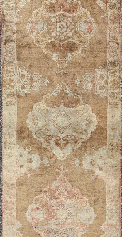 Vintage Turkish Oushak Runner with Floral Medallions in Olive Green and Ivory, rug tra - 0912, country of origin / type: Turkey / Oushak, circa mid - 20th century This beautiful vintage Oushak runner from mid - 20th century Turkey features a Classic O... - Keivan Woven ArtsTRA - 0912 - 3712Rug