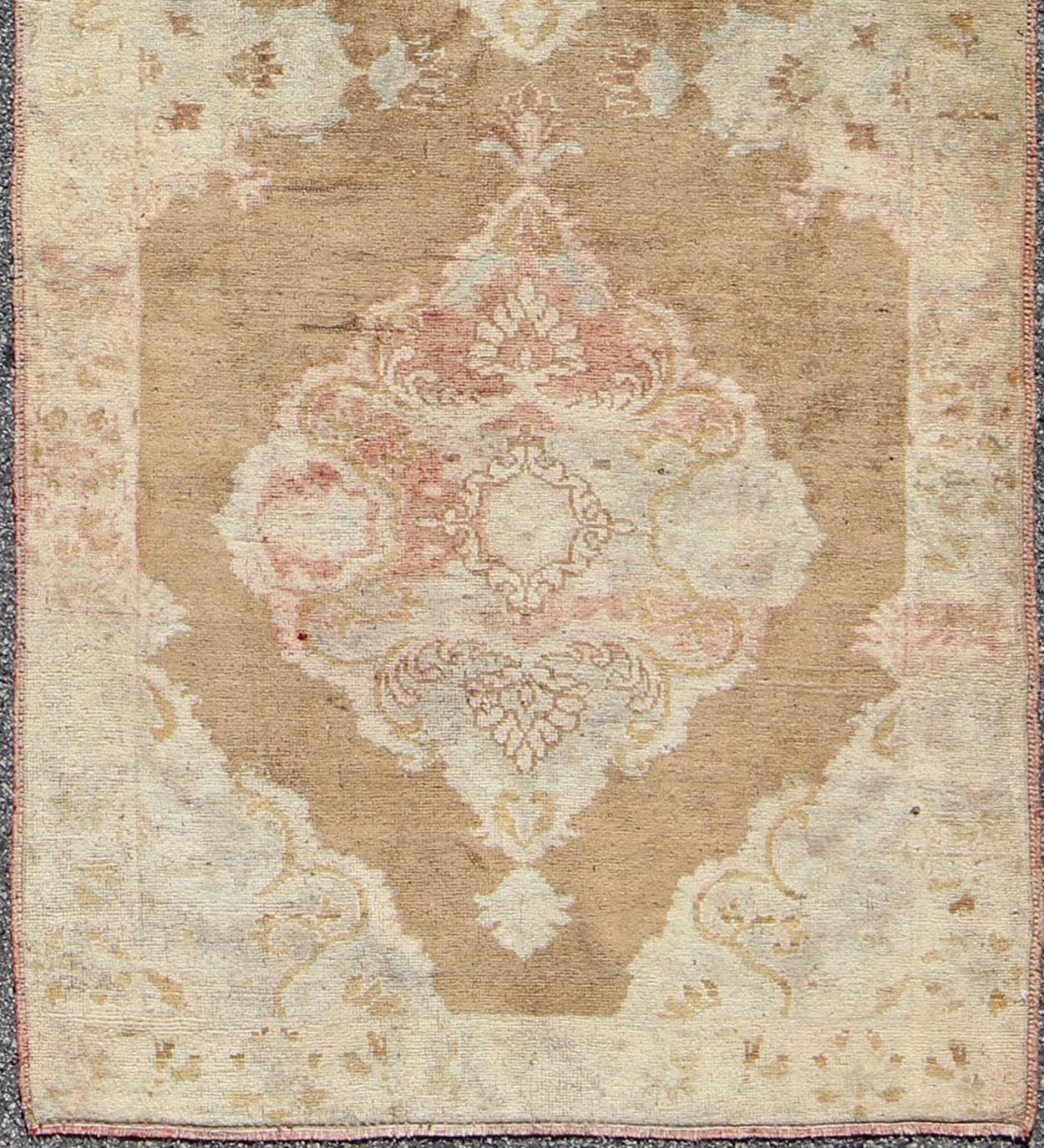 Vintage Turkish Oushak Runner with Floral Medallions in Olive Green and Ivory, rug tra - 0912, country of origin / type: Turkey / Oushak, circa mid - 20th century This beautiful vintage Oushak runner from mid - 20th century Turkey features a Classic O... - Keivan Woven ArtsTRA - 0912 - 3712Rug