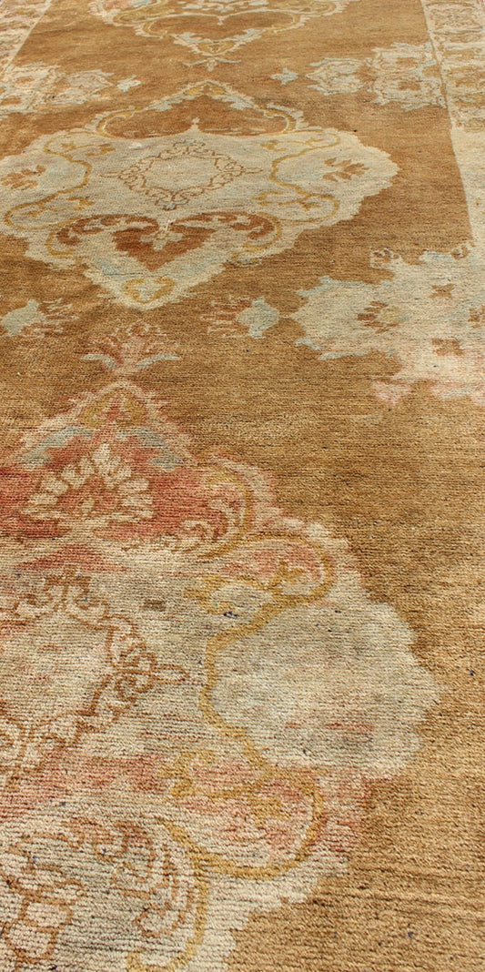 Vintage Turkish Oushak Runner with Floral Medallions in Olive Green and Ivory, rug tra - 0912, country of origin / type: Turkey / Oushak, circa mid - 20th century This beautiful vintage Oushak runner from mid - 20th century Turkey features a Classic O... - Keivan Woven ArtsTRA - 0912 - 3712Rug