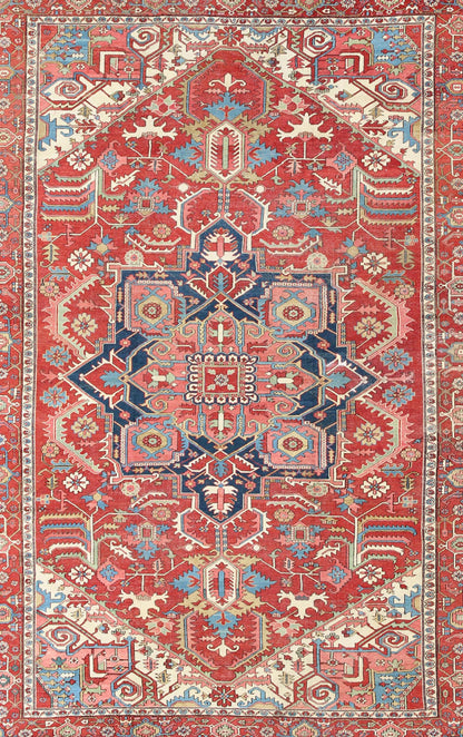 Antique Persian Serapi Carpet in Warm Red, Ivory, and Blue With Geometric Design. Keivan Woven Arts; rug TRA - 1010, country of origin / type: Iran / Serapi, circa 1900. Measures: 10'4 x 15'. This antique Persian Serapi carpet displays a wonderful... - Keivan Woven ArtsTRA - 1010 - 2567Rug