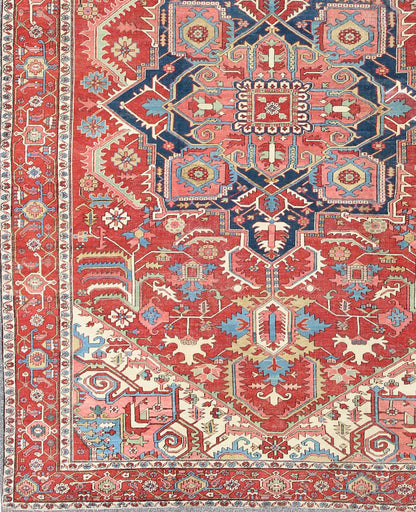 Antique Persian Serapi Carpet in Warm Red, Ivory, and Blue With Geometric Design. Keivan Woven Arts; rug TRA - 1010, country of origin / type: Iran / Serapi, circa 1900. Measures: 10'4 x 15'. This antique Persian Serapi carpet displays a wonderful... - Keivan Woven ArtsTRA - 1010 - 2567Rug