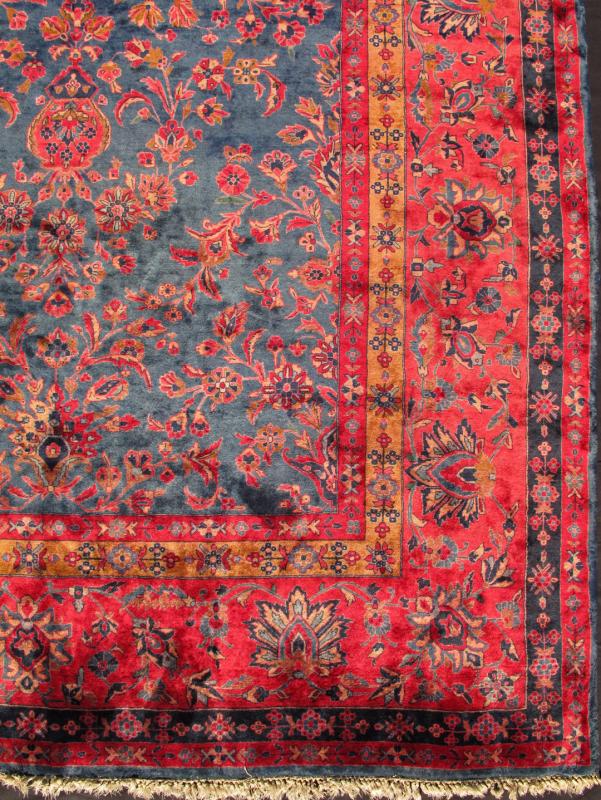 Antique Fine Manchester Kashan Rug from Iran with Silk Wool in Blue and Red Distinct colors that are similar yet starkly rendered flow alongside each other in this gorgeous antique rug. Bright red sets the attractive background for the largest b... - Keivan Woven ArtsTRA - 5082 - 345Rug
