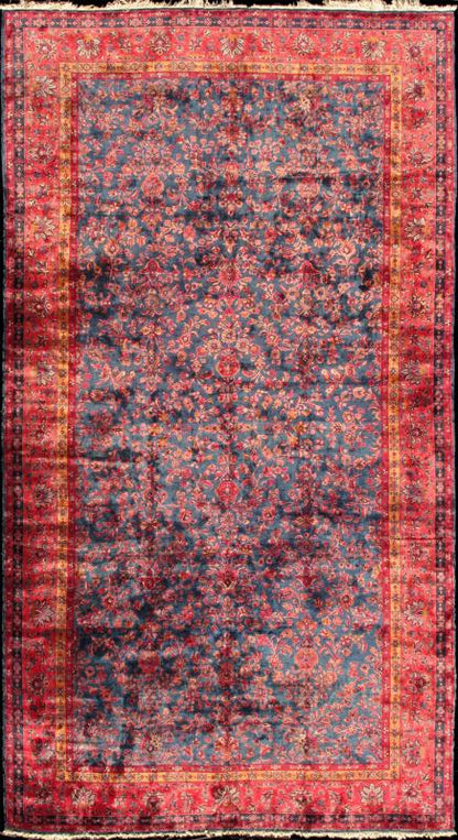 Antique Fine Manchester Kashan Rug from Iran with Silk Wool in Blue and Red Distinct colors that are similar yet starkly rendered flow alongside each other in this gorgeous antique rug. Bright red sets the attractive background for the largest b... - Keivan Woven ArtsTRA - 5082 - 345Rug
