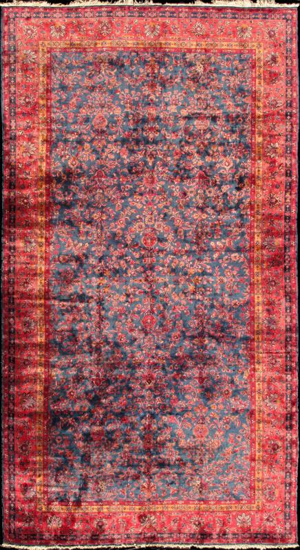 Antique Fine Manchester Kashan Rug from Iran with Silk Wool in Blue and Red Distinct colors that are similar yet starkly rendered flow alongside each other in this gorgeous antique rug. Bright red sets the attractive background for the largest b... - Keivan Woven ArtsTRA - 5082 - 345Rug