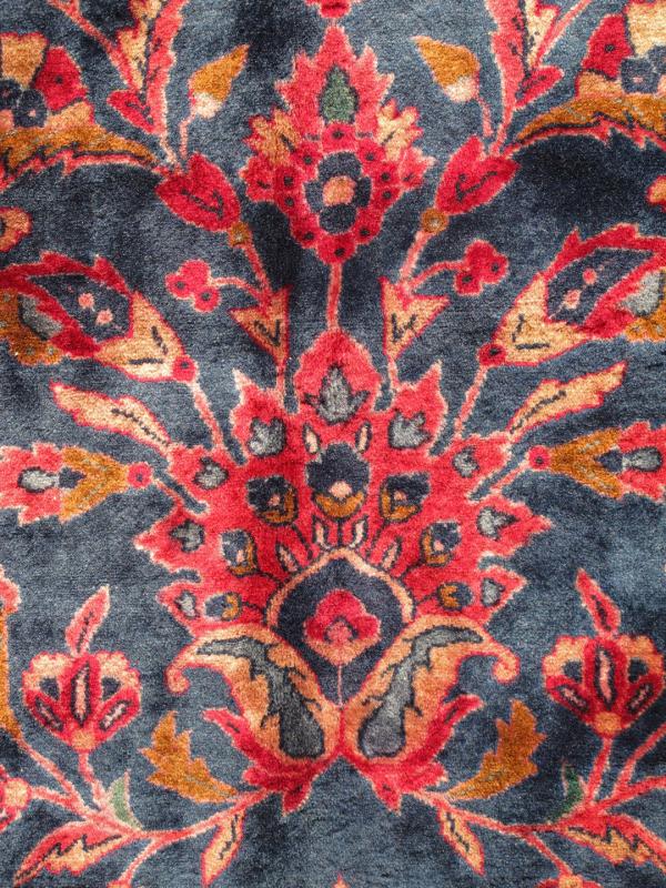 Antique Fine Manchester Kashan Rug from Iran with Silk Wool in Blue and Red Distinct colors that are similar yet starkly rendered flow alongside each other in this gorgeous antique rug. Bright red sets the attractive background for the largest b... - Keivan Woven ArtsTRA - 5082 - 345Rug