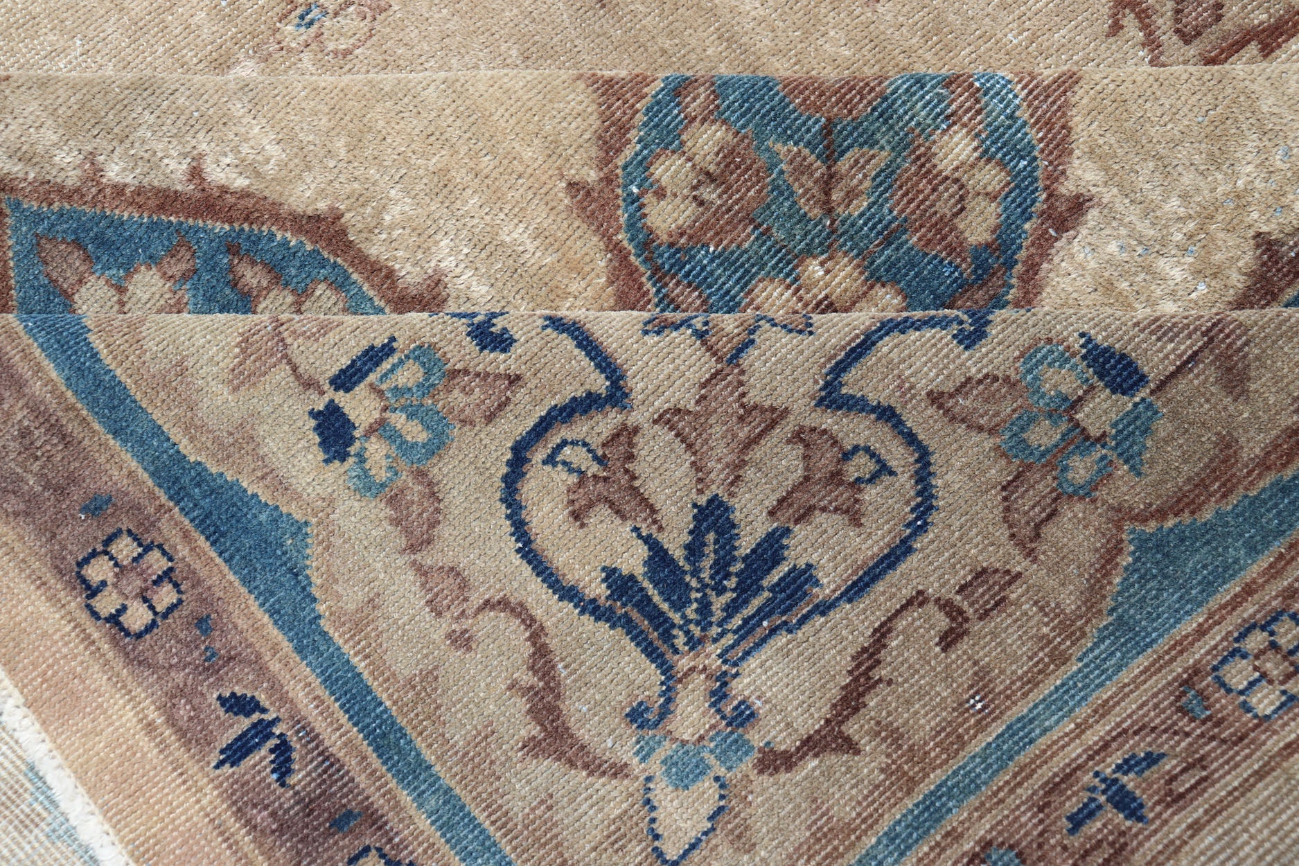Antique Amritstar Carpet Antique Hand Knotted Amritsar Carpet in Taupe, Light Brown and Blue Accent's Antique Hand Knotted Amritsar Carpet in Taupe, Light Brown and Blue Accent's, Keivan Woven Arts / rug / TRA - 5101. 1920 circa Early 20th Century... - Keivan Woven ArtsTRA - 5101A - 427Rug