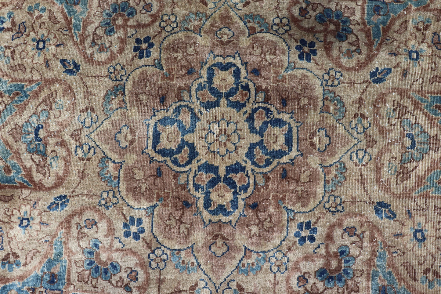 Antique Amritstar Carpet Antique Hand Knotted Amritsar Carpet in Taupe, Light Brown and Blue Accent's Antique Hand Knotted Amritsar Carpet in Taupe, Light Brown and Blue Accent's, Keivan Woven Arts / rug / TRA - 5101. 1920 circa Early 20th Century... - Keivan Woven ArtsTRA - 5101A - 427Rug
