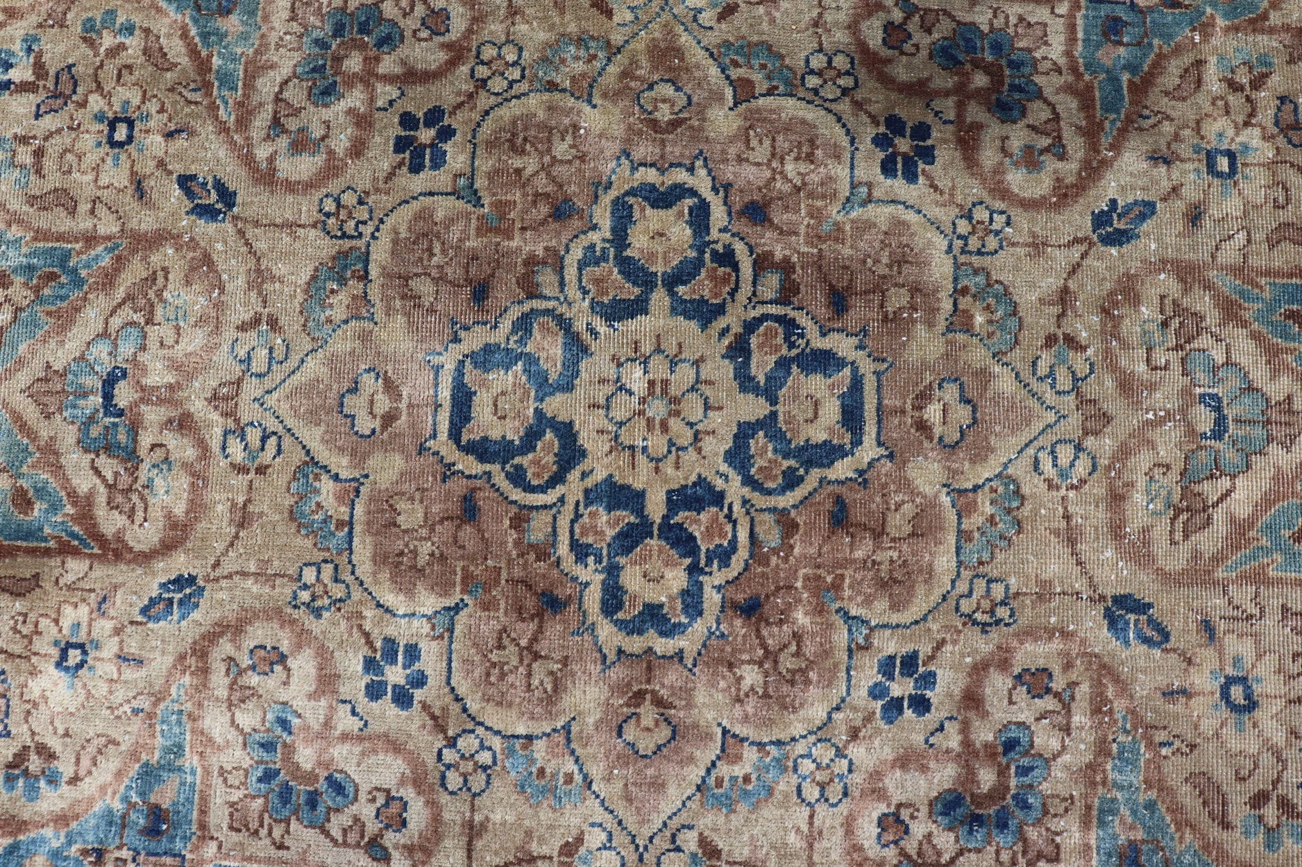 Antique Amritstar Carpet Antique Hand Knotted Amritsar Carpet in Taupe, Light Brown and Blue Accent's Antique Hand Knotted Amritsar Carpet in Taupe, Light Brown and Blue Accent's, Keivan Woven Arts / rug / TRA - 5101. 1920 circa Early 20th Century... - Keivan Woven ArtsTRA - 5101A - 427Rug