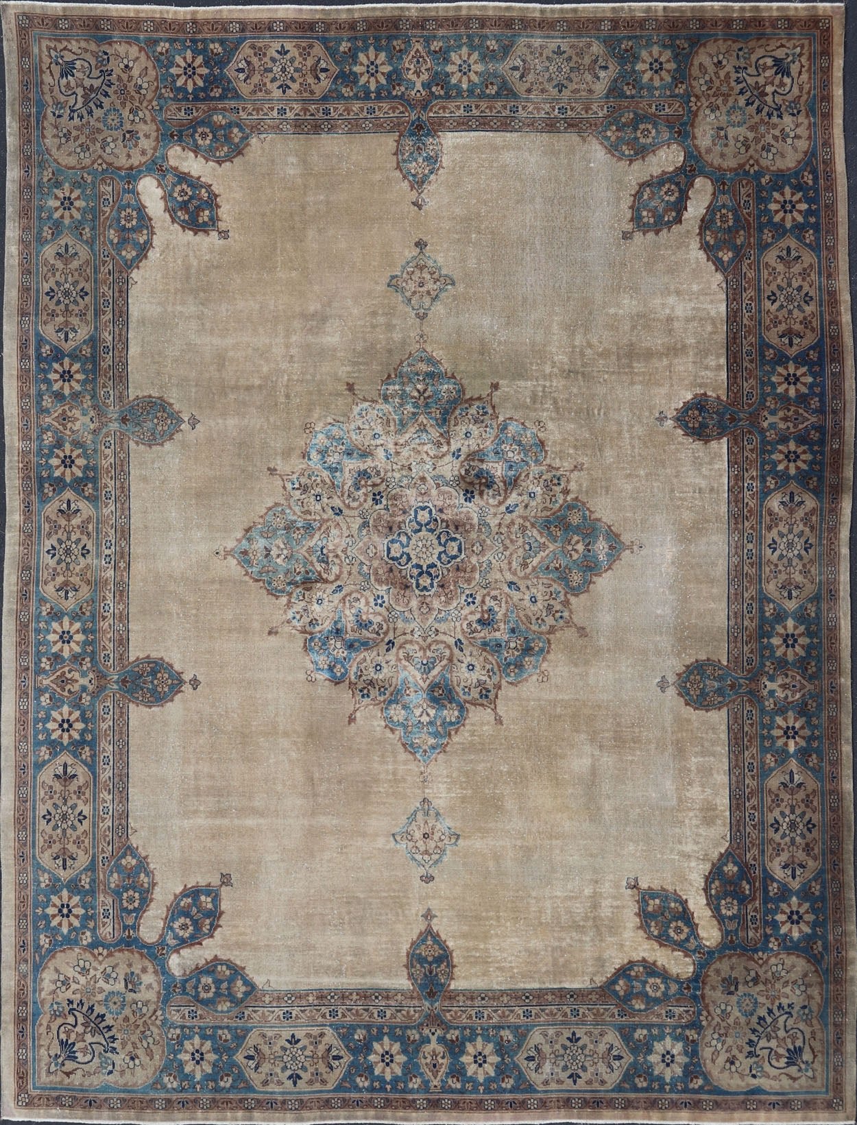 Antique Amritstar Carpet Antique Hand Knotted Amritsar Carpet in Taupe, Light Brown and Blue Accent's Antique Hand Knotted Amritsar Carpet in Taupe, Light Brown and Blue Accent's, Keivan Woven Arts / rug / TRA - 5101. 1920 circa Early 20th Century... - Keivan Woven ArtsTRA - 5101A - 427Rug