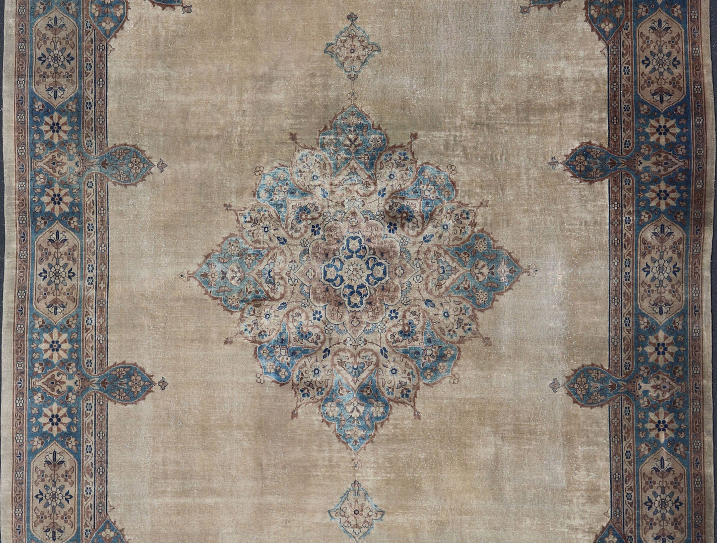 Antique Amritstar Carpet Antique Hand Knotted Amritsar Carpet in Taupe, Light Brown and Blue Accent's Antique Hand Knotted Amritsar Carpet in Taupe, Light Brown and Blue Accent's, Keivan Woven Arts / rug / TRA - 5101. 1920 circa Early 20th Century... - Keivan Woven ArtsTRA - 5101A - 427Rug