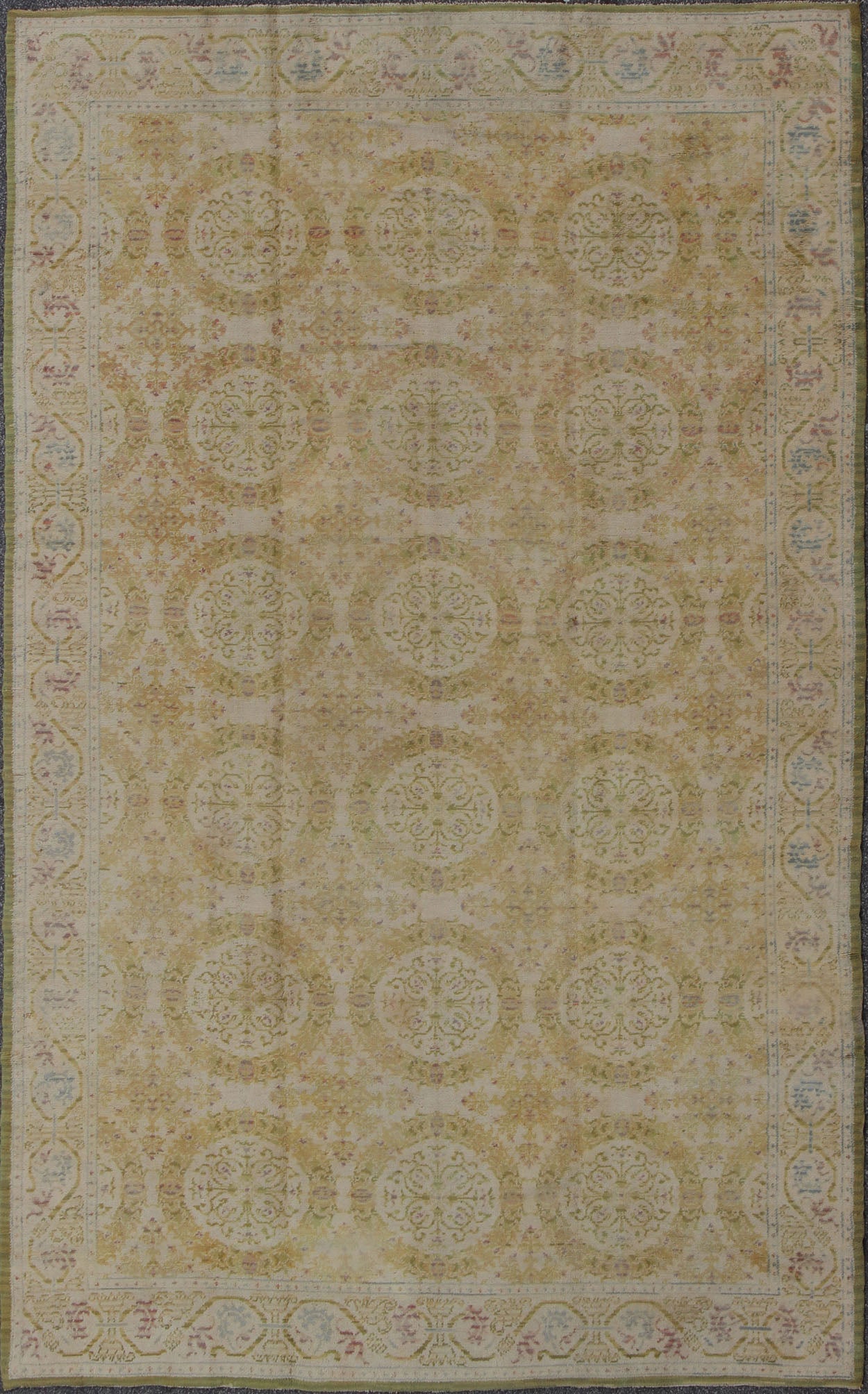 Antique Spanish Carpet in Yellow Green, Ivory and Lavender. Antique Spanish Carpet in Yellow Green, and Lavender, accent colors of medium green and light blue, Keivan Woven Arts/rug / TRA - 6052, country of origin / type: Spain / Spanish, circa 19... - Keivan Woven ArtsTRA - 6052 - 1752Rug
