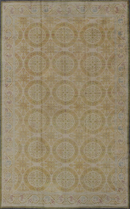 Antique Spanish Carpet in Yellow Green, Ivory and Lavender. Antique Spanish Carpet in Yellow Green, and Lavender, accent colors of medium green and light blue, Keivan Woven Arts/rug / TRA - 6052, country of origin / type: Spain / Spanish, circa 19... - Keivan Woven ArtsTRA - 6052 - 1752Rug