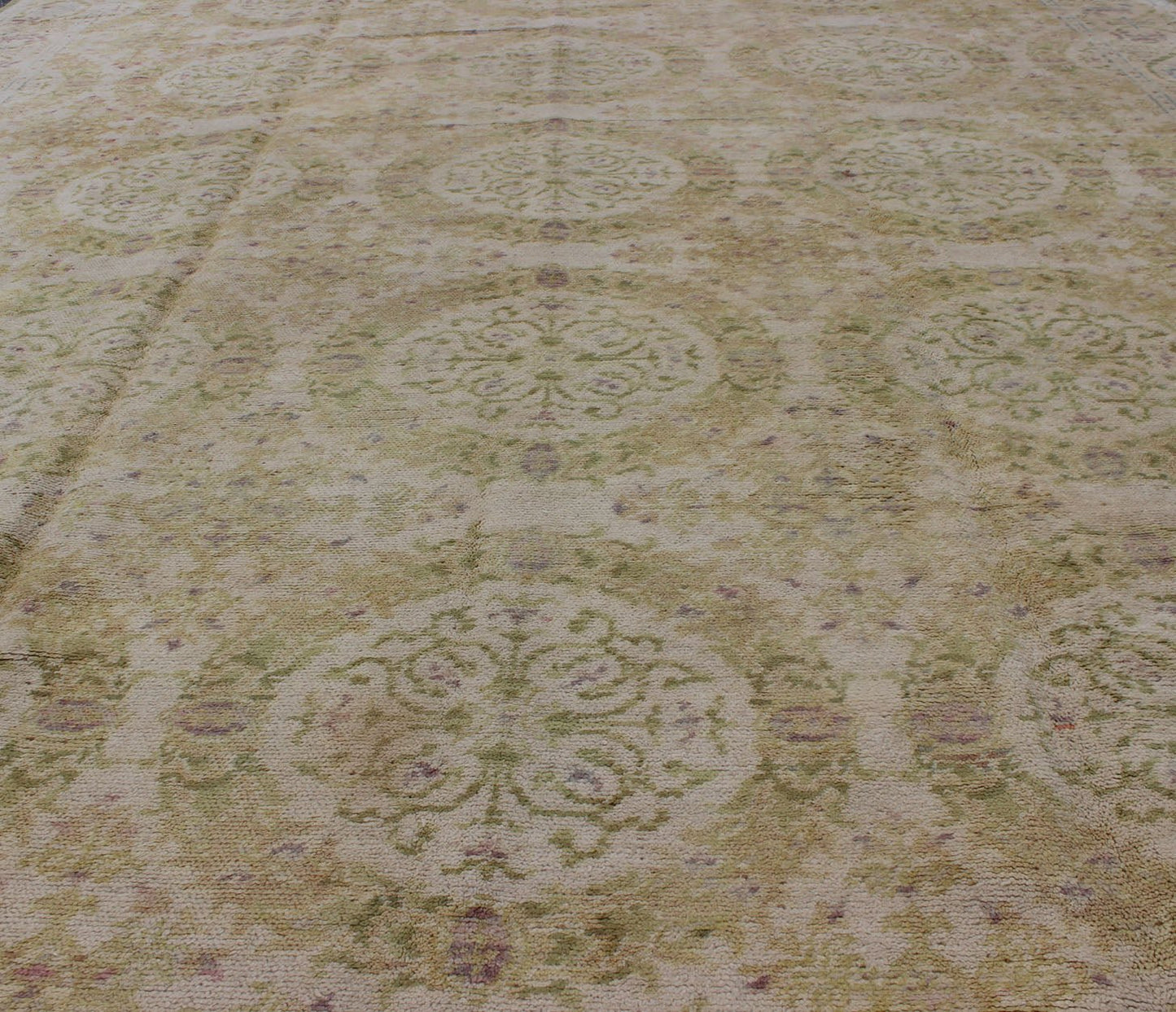 Antique Spanish Carpet in Yellow Green, Ivory and Lavender. Antique Spanish Carpet in Yellow Green, and Lavender, accent colors of medium green and light blue, Keivan Woven Arts/rug / TRA - 6052, country of origin / type: Spain / Spanish, circa 19... - Keivan Woven ArtsTRA - 6052 - 1752Rug