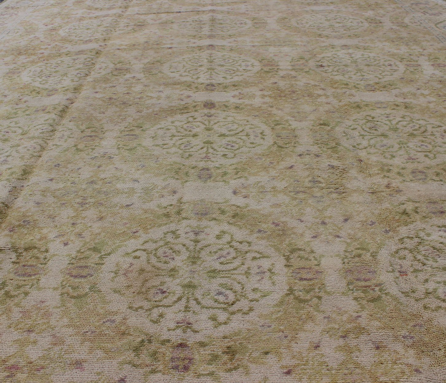 Antique Spanish Carpet in Yellow Green, Ivory and Lavender. Antique Spanish Carpet in Yellow Green, and Lavender, accent colors of medium green and light blue, Keivan Woven Arts/rug / TRA - 6052, country of origin / type: Spain / Spanish, circa 19... - Keivan Woven ArtsTRA - 6052 - 1752Rug