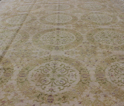Antique Spanish Carpet in Yellow Green, Ivory and Lavender. Antique Spanish Carpet in Yellow Green, and Lavender, accent colors of medium green and light blue, Keivan Woven Arts/rug / TRA - 6052, country of origin / type: Spain / Spanish, circa 19... - Keivan Woven ArtsTRA - 6052 - 1752Rug