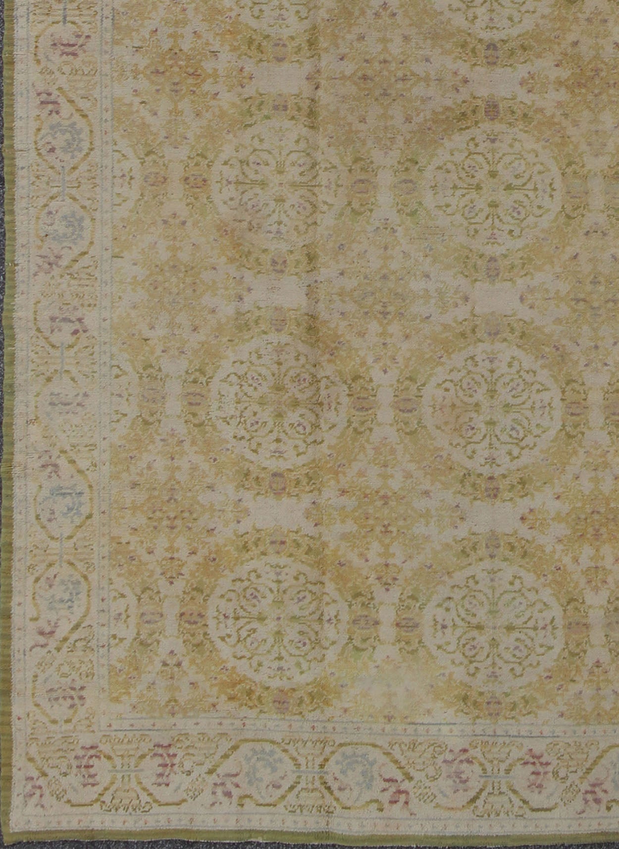 Antique Spanish Carpet in Yellow Green, Ivory and Lavender. Antique Spanish Carpet in Yellow Green, and Lavender, accent colors of medium green and light blue, Keivan Woven Arts/rug / TRA - 6052, country of origin / type: Spain / Spanish, circa 19... - Keivan Woven ArtsTRA - 6052 - 1752Rug