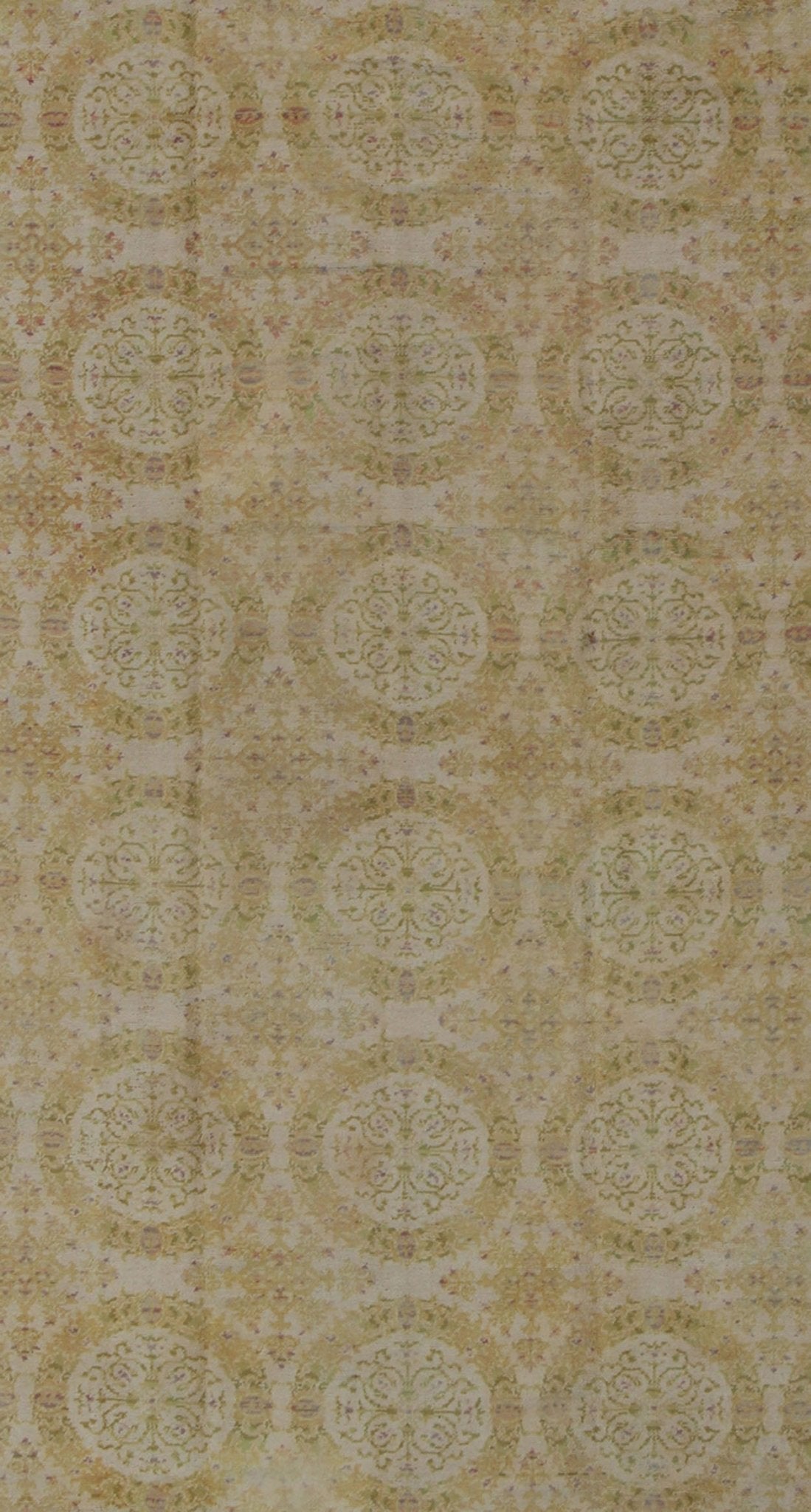 Antique Spanish Carpet in Yellow Green, Ivory and Lavender. Antique Spanish Carpet in Yellow Green, and Lavender, accent colors of medium green and light blue, Keivan Woven Arts/rug / TRA - 6052, country of origin / type: Spain / Spanish, circa 19... - Keivan Woven ArtsTRA - 6052 - 1752Rug