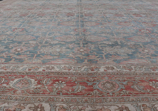 Antique Persian Bidjar With A Light Blue Background and All - Over Tribal Pattern Large antique Persian bidjar rug in light blue background and alternating floral pattern, Keivan Woven Arts / TRA - 8051. Large antique Bidjar Late 19th Century Mea... - Keivan Woven ArtsTRA - 8051 - 373Rug