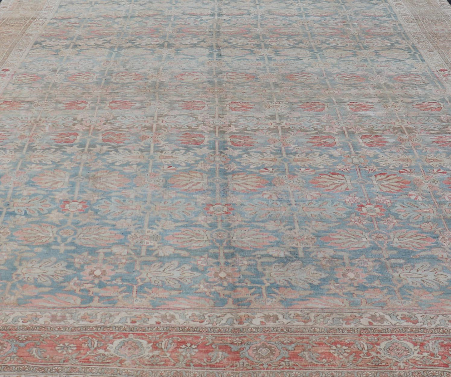 Antique Persian Bidjar With A Light Blue Background and All - Over Tribal Pattern Large antique Persian bidjar rug in light blue background and alternating floral pattern, Keivan Woven Arts / TRA - 8051. Large antique Bidjar Late 19th Century Mea... - Keivan Woven ArtsTRA - 8051 - 373Rug