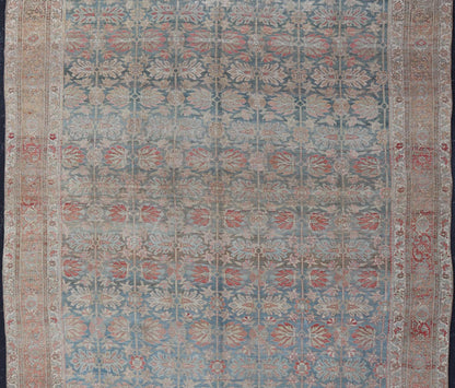 Antique Persian Bidjar With A Light Blue Background and All - Over Tribal Pattern Large antique Persian bidjar rug in light blue background and alternating floral pattern, Keivan Woven Arts / TRA - 8051. Large antique Bidjar Late 19th Century Mea... - Keivan Woven ArtsTRA - 8051 - 373Rug
