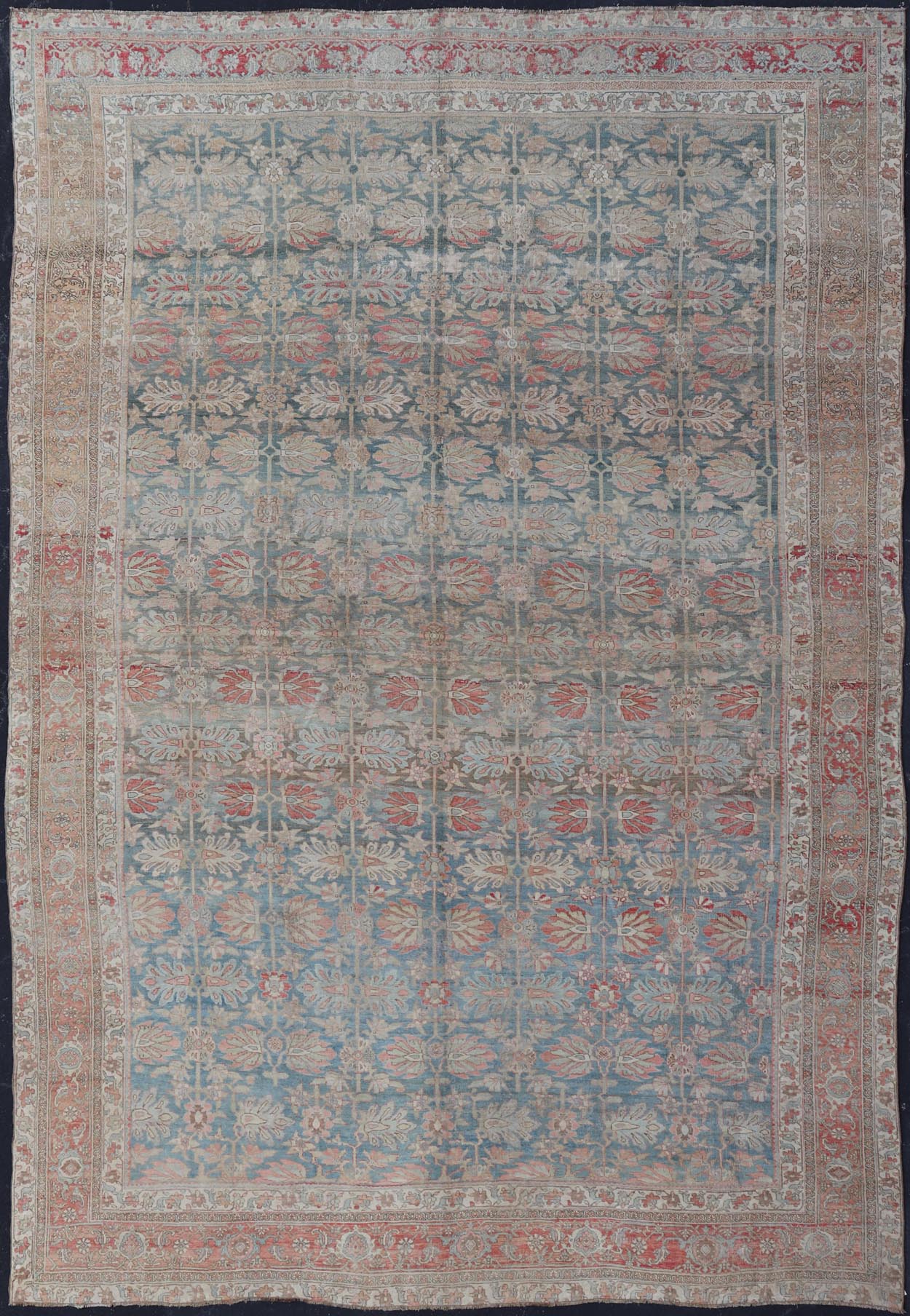 Antique Persian Bidjar With A Light Blue Background and All - Over Tribal Pattern Large antique Persian bidjar rug in light blue background and alternating floral pattern, Keivan Woven Arts / TRA - 8051. Large antique Bidjar Late 19th Century Mea... - Keivan Woven ArtsTRA - 8051 - 373Rug