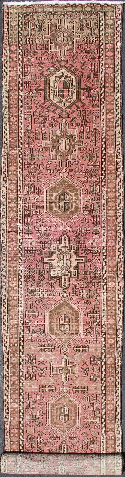 Long Narrow Persian Heriz Runner with Tribal Design in Pink and Taupe kwarugs Long narrow runner, multi - medallion two - toned Heriz runner from Persia, Keivan Woven Arts / rug tra - h - 303 - 20, country of origin / type: Iran / Heriz, circa 1950 ... - Keivan Woven ArtsTRA - H - 303 - 20 - 1352Rug