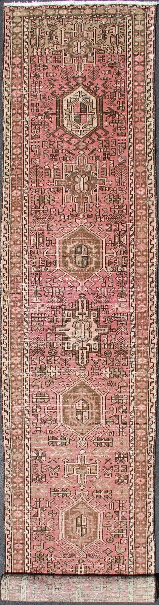 Long Narrow Persian Heriz Runner with Tribal Design in Pink and Taupe kwarugs Long narrow runner, multi - medallion two - toned Heriz runner from Persia, Keivan Woven Arts / rug tra - h - 303 - 20, country of origin / type: Iran / Heriz, circa 1950 ... - Keivan Woven ArtsTRA - H - 303 - 20 - 1352Rug