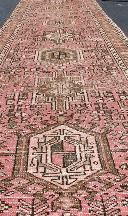 Long Narrow Persian Heriz Runner with Tribal Design in Pink and Taupe kwarugs Long narrow runner, multi - medallion two - toned Heriz runner from Persia, Keivan Woven Arts / rug tra - h - 303 - 20, country of origin / type: Iran / Heriz, circa 1950 ... - Keivan Woven ArtsTRA - H - 303 - 20 - 1352Rug