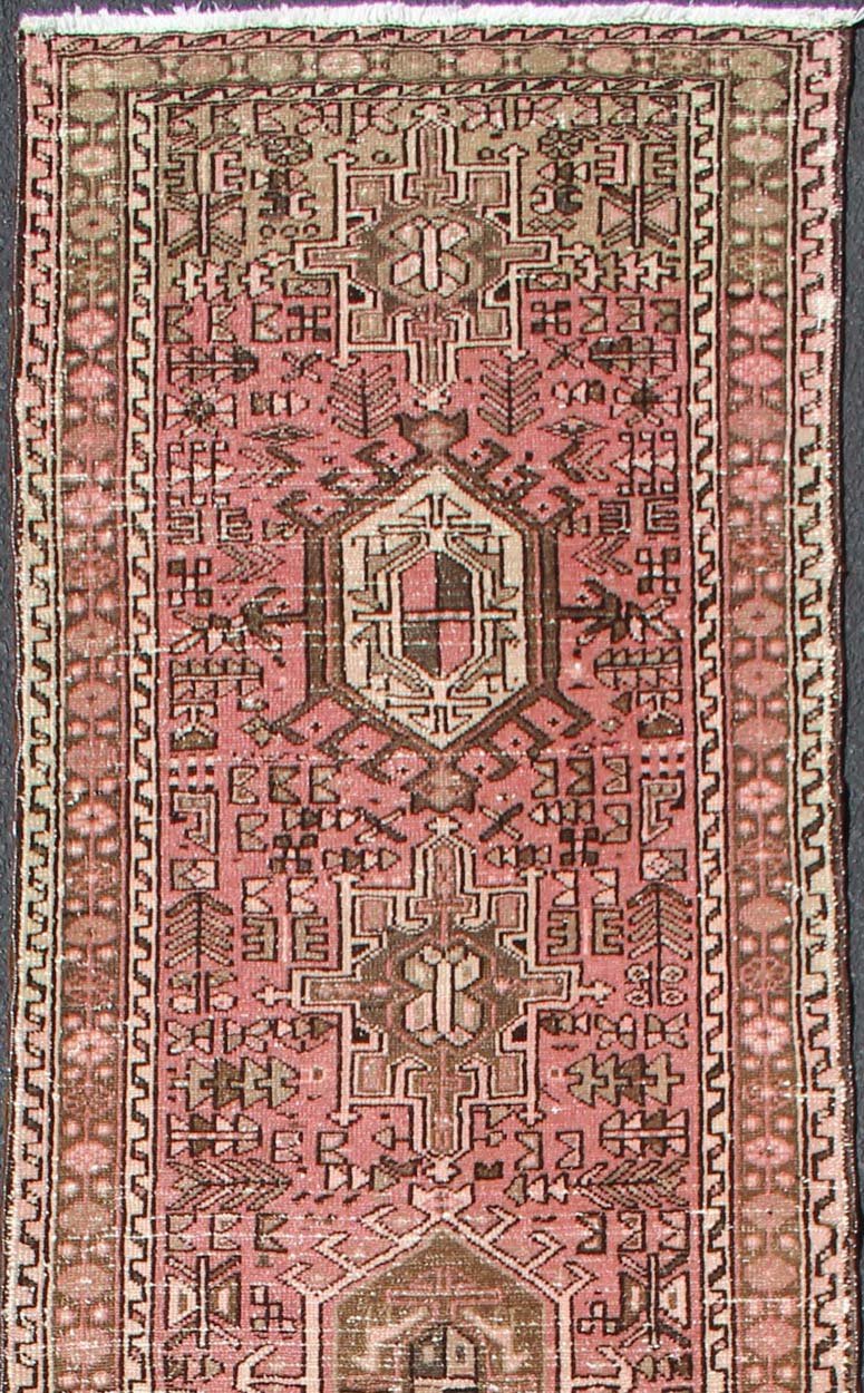 Long Narrow Persian Heriz Runner with Tribal Design in Pink and Taupe kwarugs Long narrow runner, multi - medallion two - toned Heriz runner from Persia, Keivan Woven Arts / rug tra - h - 303 - 20, country of origin / type: Iran / Heriz, circa 1950 ... - Keivan Woven ArtsTRA - H - 303 - 20 - 1352Rug