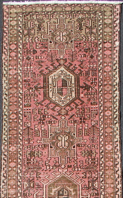 Long Narrow Persian Heriz Runner with Tribal Design in Pink and Taupe kwarugs Long narrow runner, multi - medallion two - toned Heriz runner from Persia, Keivan Woven Arts / rug tra - h - 303 - 20, country of origin / type: Iran / Heriz, circa 1950 ... - Keivan Woven ArtsTRA - H - 303 - 20 - 1352Rug