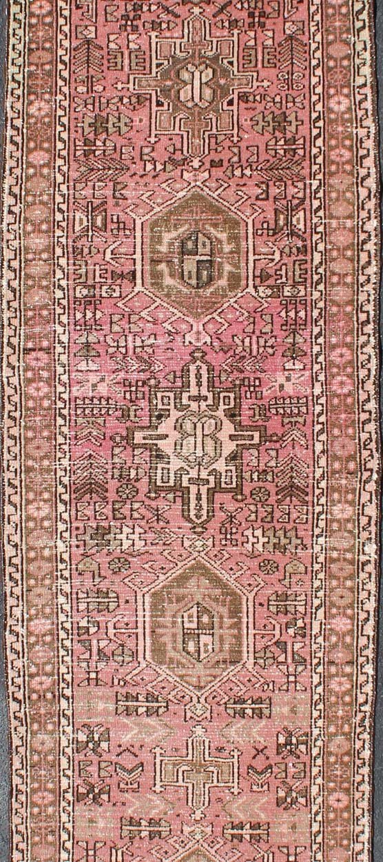 Long Narrow Persian Heriz Runner with Tribal Design in Pink and Taupe kwarugs Long narrow runner, multi - medallion two - toned Heriz runner from Persia, Keivan Woven Arts / rug tra - h - 303 - 20, country of origin / type: Iran / Heriz, circa 1950 ... - Keivan Woven ArtsTRA - H - 303 - 20 - 1352Rug