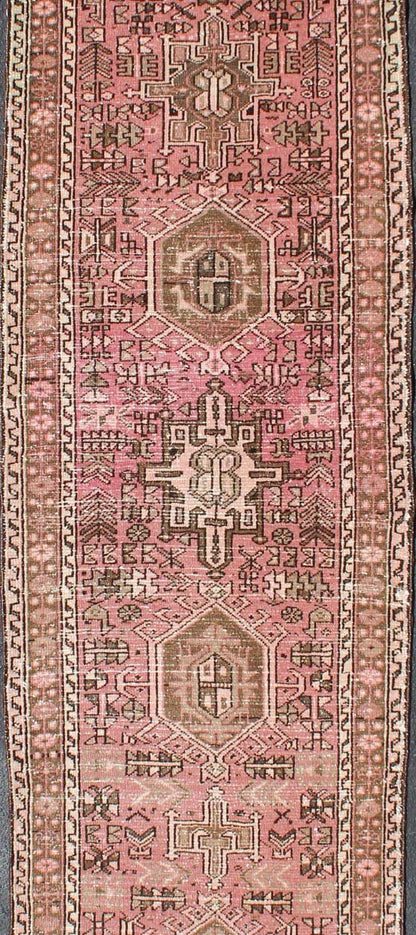 Long Narrow Persian Heriz Runner with Tribal Design in Pink and Taupe kwarugs Long narrow runner, multi - medallion two - toned Heriz runner from Persia, Keivan Woven Arts / rug tra - h - 303 - 20, country of origin / type: Iran / Heriz, circa 1950 ... - Keivan Woven ArtsTRA - H - 303 - 20 - 1352Rug