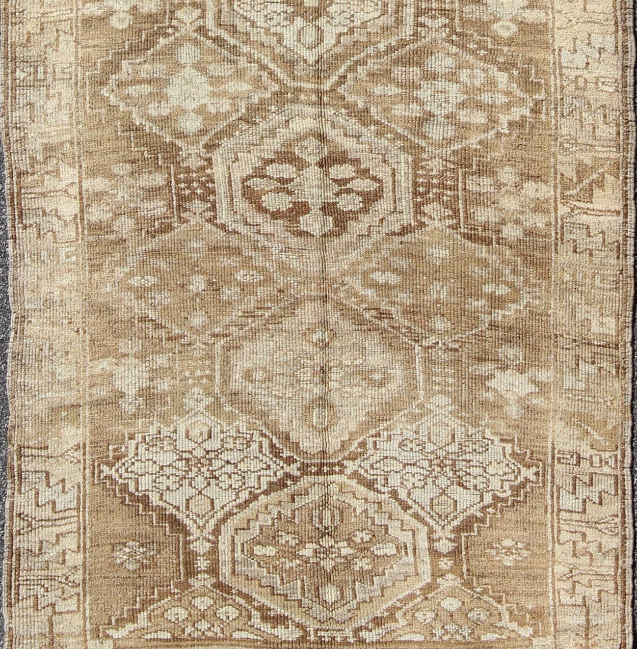 Cream, Tan and Brown Vintage Turkish Oushak Long Rug With All - Over Diamond Design, Keivan Woven Arts / rug tu - 90801, country of origin / type: Turkey / Oushak, circa 1930. This vintage Oushak rug, circa mid - 20th century. Features a unique blend ... - Keivan Woven ArtsTU - 90801 - 1686Rug