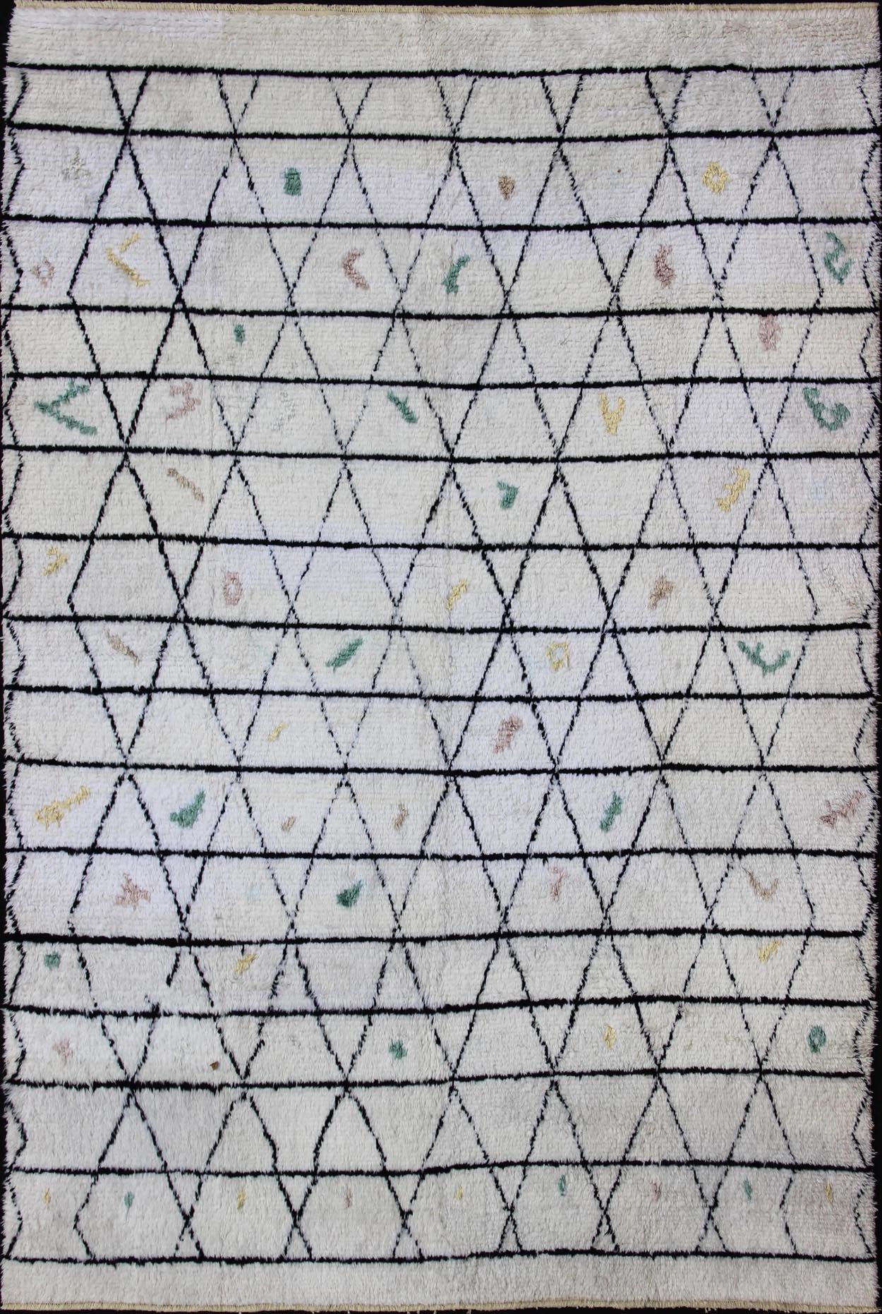 Measures: 10 x 14'7. Modern Moroccan rug with all - over Lattice design in Ivory/white and black with pops of color. Moroccan Tulu Rug on Ivory Background With Black Diamond by Keivan Woven Arts. rug TU - ALG - 19, country of origin / type: Turkey / Triba... - Keivan Woven ArtsTU - ALG - 19 - 12048Rug