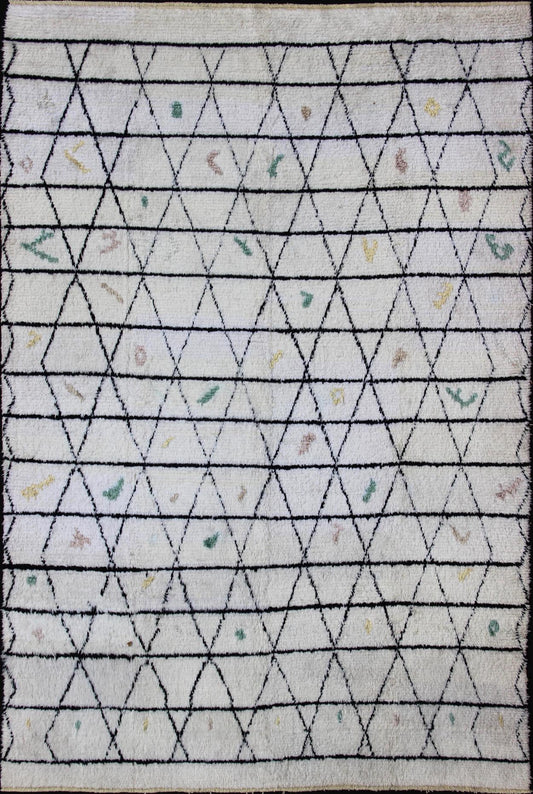 Measures: 10 x 14'7. Modern Moroccan rug with all - over Lattice design in Ivory/white and black with pops of color. Moroccan Tulu Rug on Ivory Background With Black Diamond by Keivan Woven Arts. rug TU - ALG - 19, country of origin / type: Turkey / Triba... - Keivan Woven ArtsTU - ALG - 19 - 12048Rug