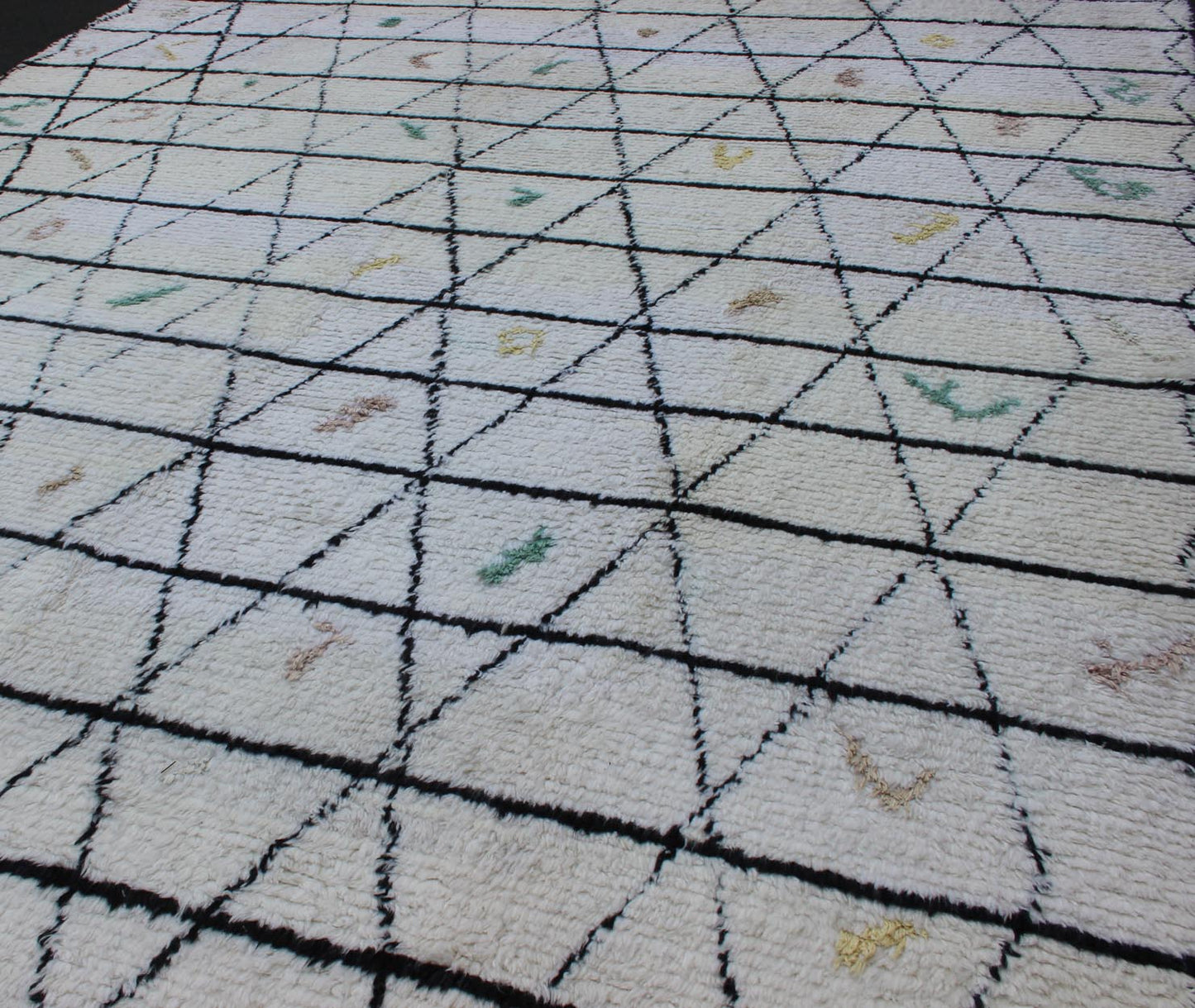 Measures: 10 x 14'7. Modern Moroccan rug with all - over Lattice design in Ivory/white and black with pops of color. Moroccan Tulu Rug on Ivory Background With Black Diamond by Keivan Woven Arts. rug TU - ALG - 19, country of origin / type: Turkey / Triba... - Keivan Woven ArtsTU - ALG - 19 - 12048Rug