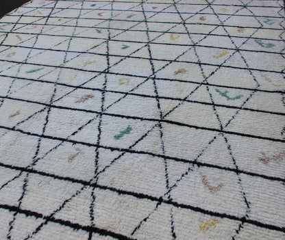 Measures: 10 x 14'7. Modern Moroccan rug with all - over Lattice design in Ivory/white and black with pops of color. Moroccan Tulu Rug on Ivory Background With Black Diamond by Keivan Woven Arts. rug TU - ALG - 19, country of origin / type: Turkey / Triba... - Keivan Woven ArtsTU - ALG - 19 - 12048Rug