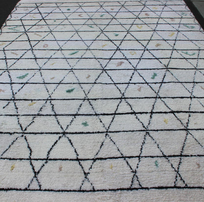 Measures: 10 x 14'7. Modern Moroccan rug with all - over Lattice design in Ivory/white and black with pops of color. Moroccan Tulu Rug on Ivory Background With Black Diamond by Keivan Woven Arts. rug TU - ALG - 19, country of origin / type: Turkey / Triba... - Keivan Woven ArtsTU - ALG - 19 - 12048Rug