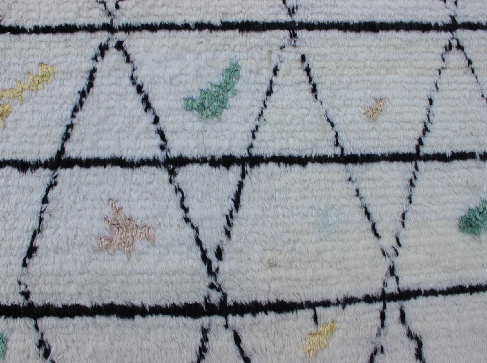Measures: 10 x 14'7. Modern Moroccan rug with all - over Lattice design in Ivory/white and black with pops of color. Moroccan Tulu Rug on Ivory Background With Black Diamond by Keivan Woven Arts. rug TU - ALG - 19, country of origin / type: Turkey / Triba... - Keivan Woven ArtsTU - ALG - 19 - 12048Rug